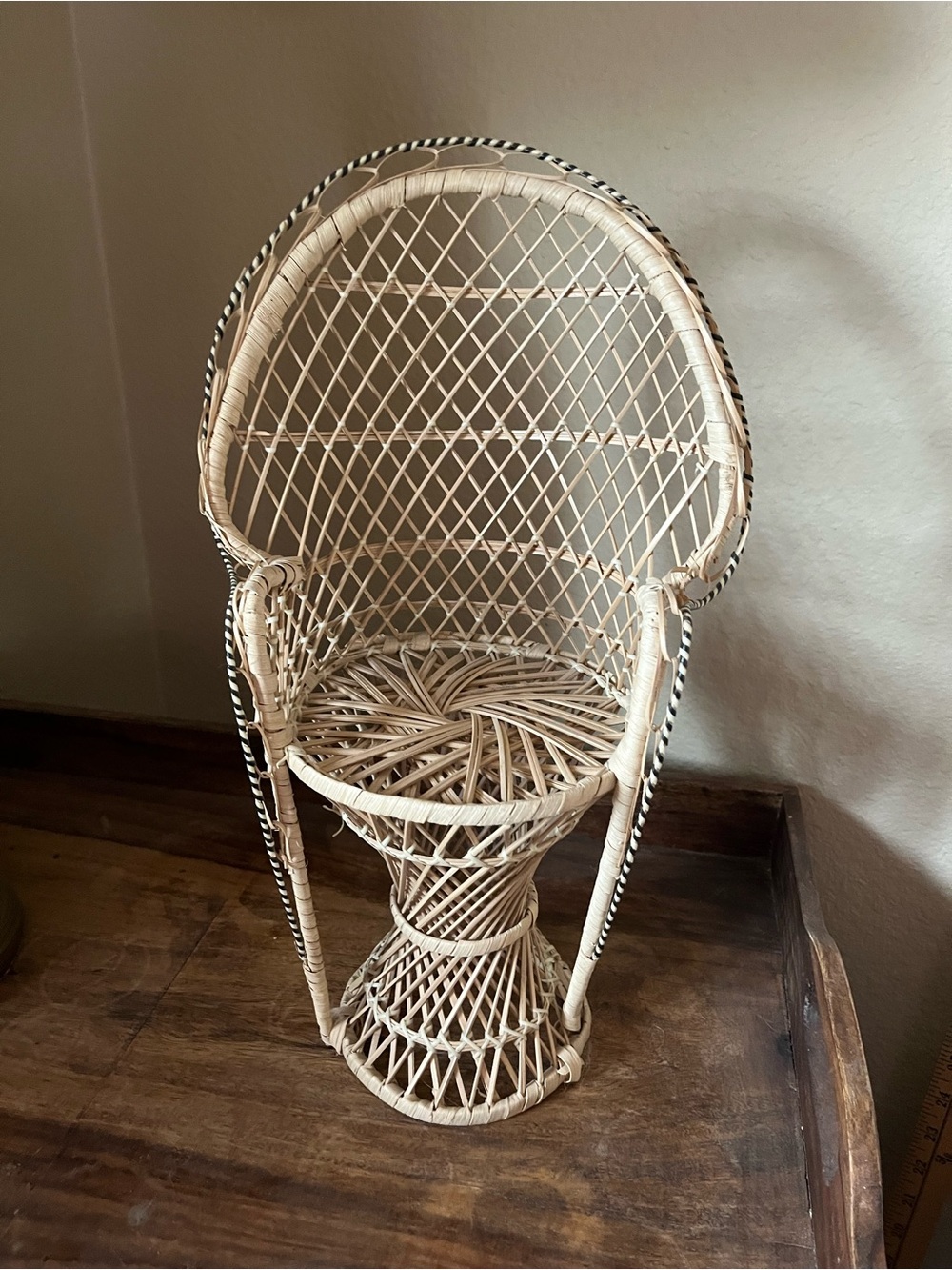 Boho Wicker Peacock Accent Chair in Natural Rattan with Black Trim